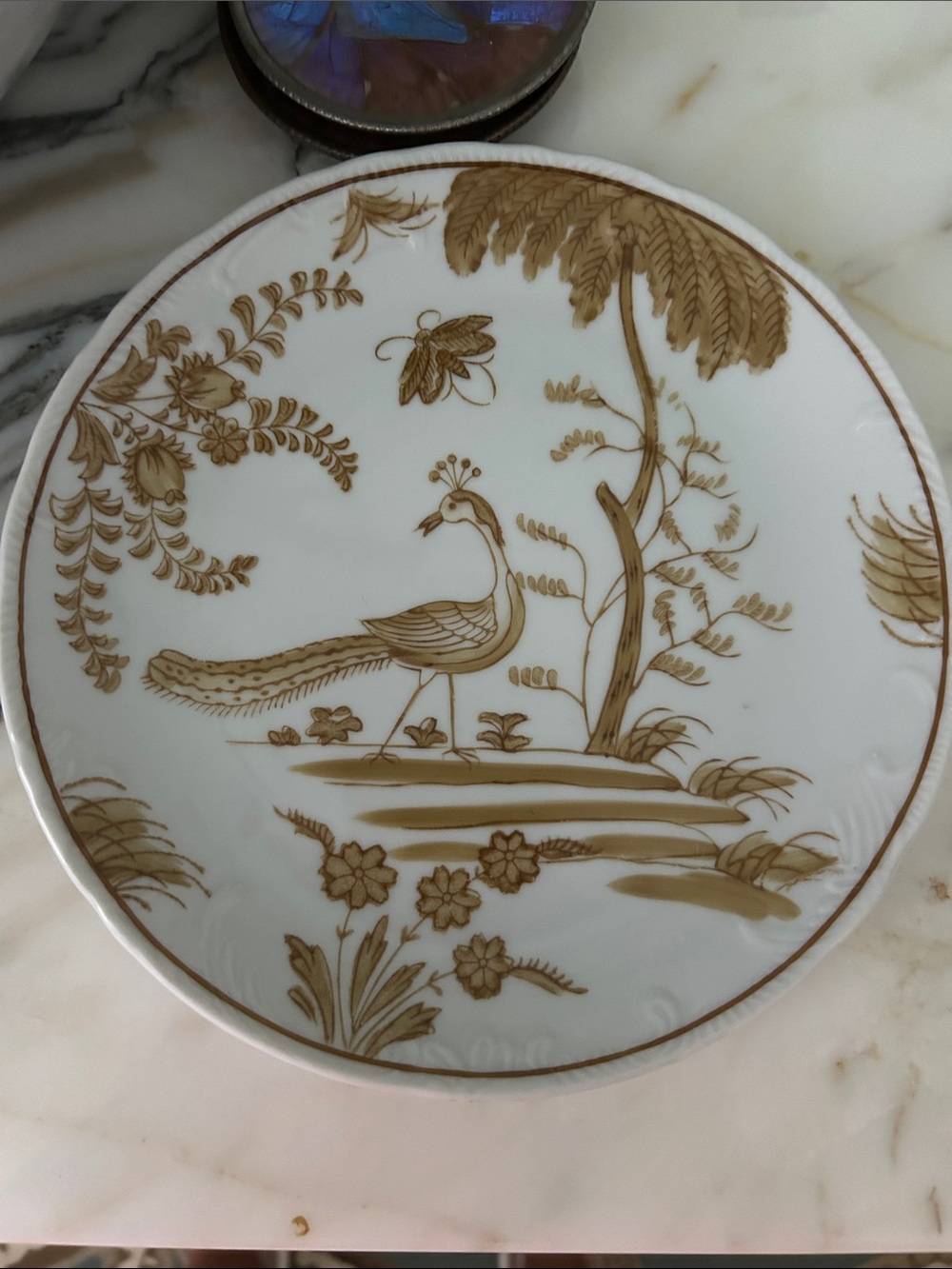 White Porcelain Decorative Plate with Gold Tan Chinoiserie Bird Motif